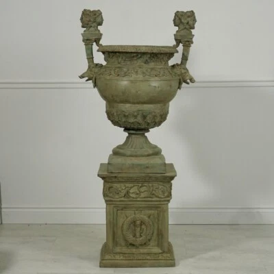 Bronze 62" Urn and Base set large garden vase European Verdigris - Image 1 of 4