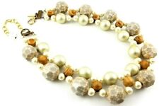 Lenora Dame Faux Pearl Wood Stone Beaded Statement Necklace Mixed Media
