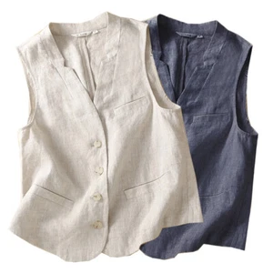 Womens Cotton Linen Waistcoat Gilet Vest Sleeveless Thin Summer Casual Jacket UK - Picture 1 of 19