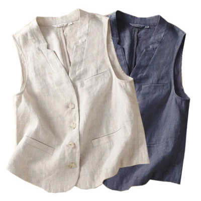 Womens Cotton Linen Waistcoat Gilet Vest Sleeveless Thin Summer Casual Jacket UK - Image 1 of 4