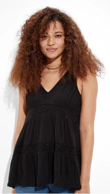 NUEVO CON ETIQUETAS AE Túnica de Encaje Fluido Camiseta sin Mangas Para Mujer Grande Negra Cuello en V Ligera Boho Foto 1 de 4