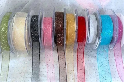 Cinta de Organza transparente de brillo aleatorio Berisfords *BORDE DE ALAMBRE* - 10 colores - 25 mm Foto 1 de 4