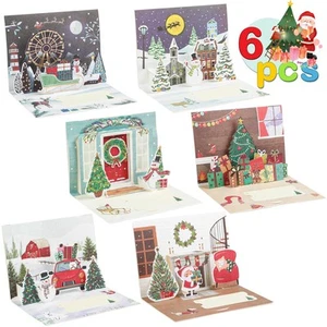 6 Pack Greeting Handmade Holiday 3D Pop Up Christmas Cards Set - Picture 1 of 6