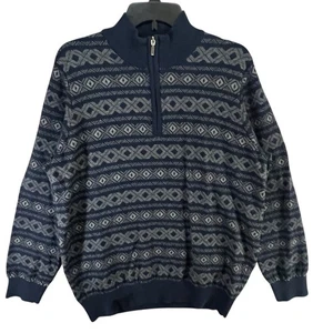 LL Bean Knit Sweater Mens L Blue Gray Fair Isle Cotton Cashmere 1/4 Zip Grandpa - Picture 1 of 13