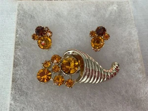 Vintage Cornucopia Amber rhinestones Brooch and Earring set - Picture 1 of 12