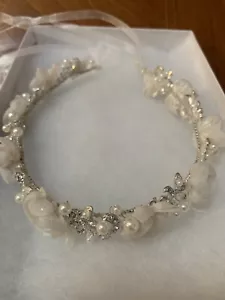 Rhinestone & Pearl Headband With Organza Flowers Marriage Wedding Trudys - Picture 1 of 3