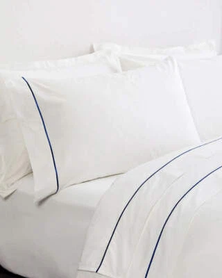 FRETTE ONE BOURDON QUEEN 4 PIECE SHEET SET PERCALE WHITE/NAVY - Image 1 of 3