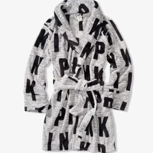 Victorias Secret PINK Fluffy Robe Womens XS Gray Blk COZY Plush Belted Gray Logo - Picture 1 of 9