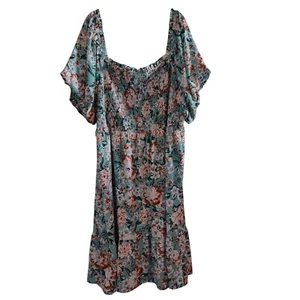 LC Lauren Conrad Smocked Floral Print Midi Dress Puff Sleeve Teal Boho Plus 4X - Picture 1 of 13