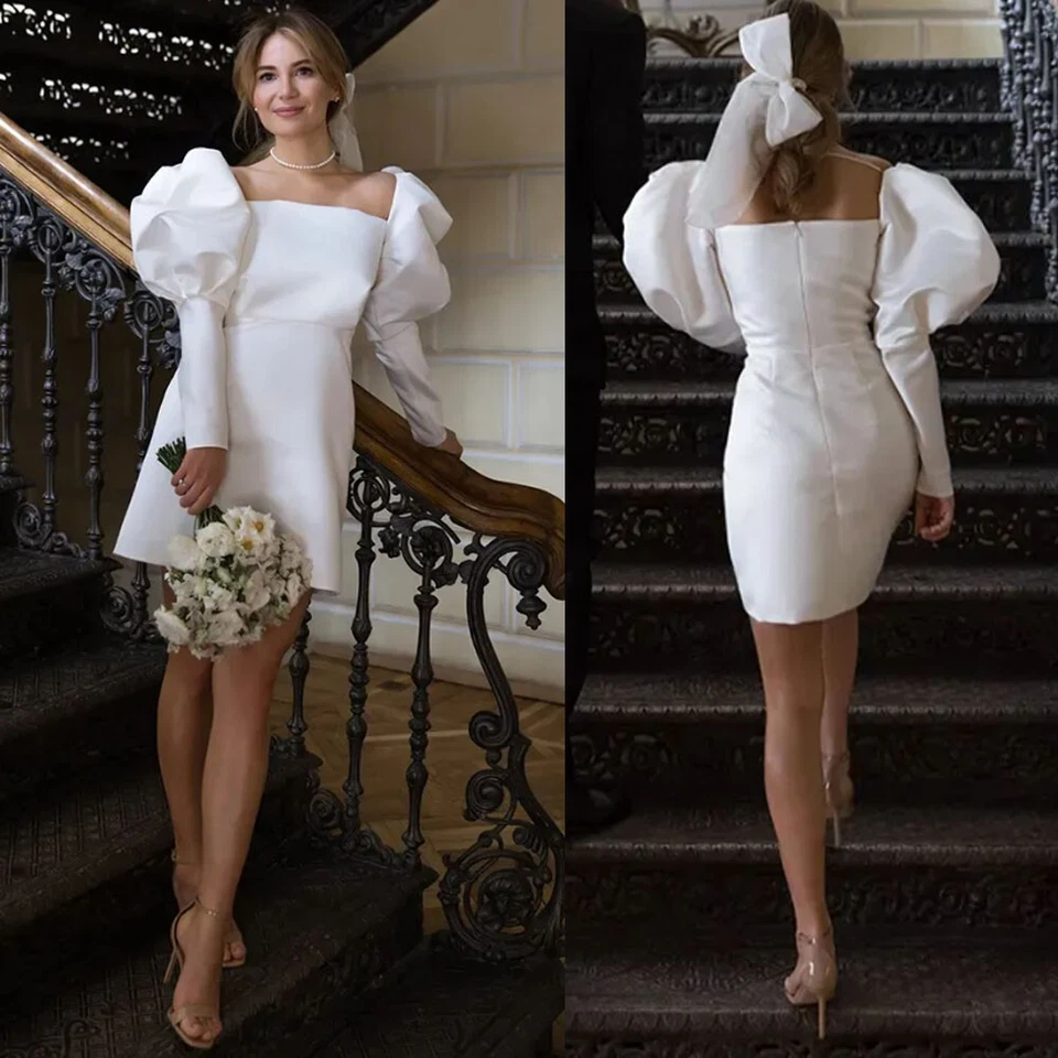 Mini vestidos de novia personalizados de manga larga línea A para mujer blancos cortos satinados Foto 1 de 4