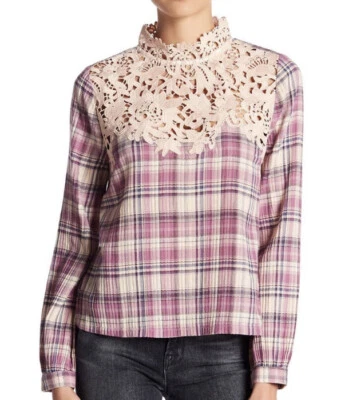 Melrose and Market Rosa Héroe Cuadros Encaje Manga Larga Arrugado Top XS Cuello Simulado NUEVO Foto 1 de 4