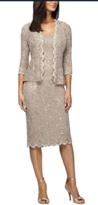 Alex Evenings 2 Piece Lace Sequin Shift Dress Jacket Womens Size 12P Gold NWT - Picture 1 of 13