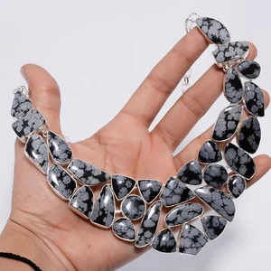 Snowflake Obsidian Gemstone Fashion Jewelry 925 Silver Necklace 18" ARN-744 - Picture 1 of 4