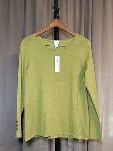 Chico's Sweater Sz 1 Olive Green Pullover Rayon Polyester Long Sleeve Round Neck - Picture 1 of 7