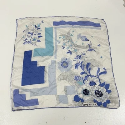 "Bufanda de seda vintage Givenchy Paris NY 22"" cuadrada blanca con azul floral abstracto" Foto 1 de 4