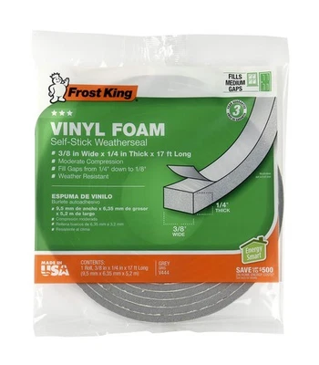 17 Foot Gray Weather Stripping Self Stick Foam Tape for Doors Windows - Image 1 of 4