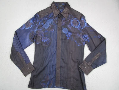 Camisa Versace Abotonada Para Hombre 50 Grande Azul Negra Hecha en Italia Cuero Floral Foto 1 de 4
