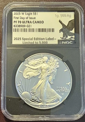 American Eagle 2025 W a prueba de plata NGC PF70 UC FDI núcleo negro - 1 de 5000 etiquetas Foto 1 de 4