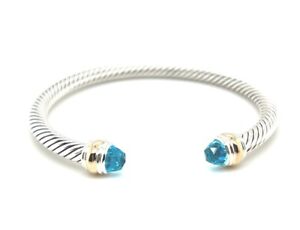 David Yurman 5mm Cable 925 Sterling S Bracelet Blue Topaz 14k Gold size Large
