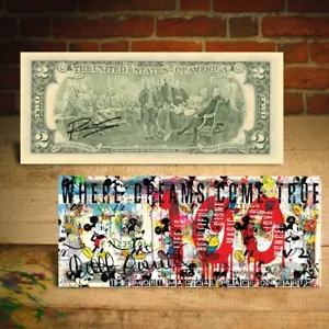DISNEY 100TH ANNIVERSARY Mickey Mouse $2 US Bill Art HAND-SIGNED by Artist Rency - Picture 1 of 3