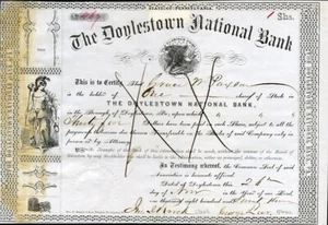 1873 Doylestown National Bank (PA) Stock Certificate - Picture 1 of 1