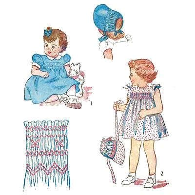 1940s Pattern, Child's Dress & Bonnet with Smocking - Chest=20” (50.8cm) - Image 1 of 3
