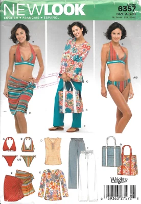 Uncut New Look Sewing Pattern 6357 Swimsuit Tunic Pants Wrap Skirt Bag Size 6-16 - Image 1 of 2