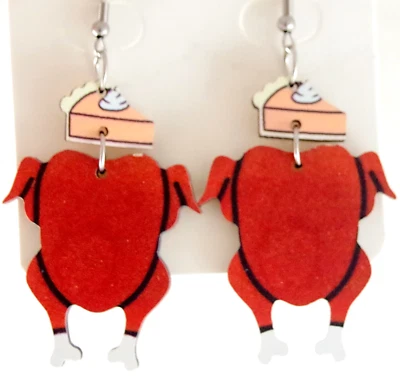 Cute! NEW 2-SIDED THANKSGIVING TURKEY w/ PUMPKIN PIE WOODEN DROP DANGLE EARRINGS - Изображение 1 из 4