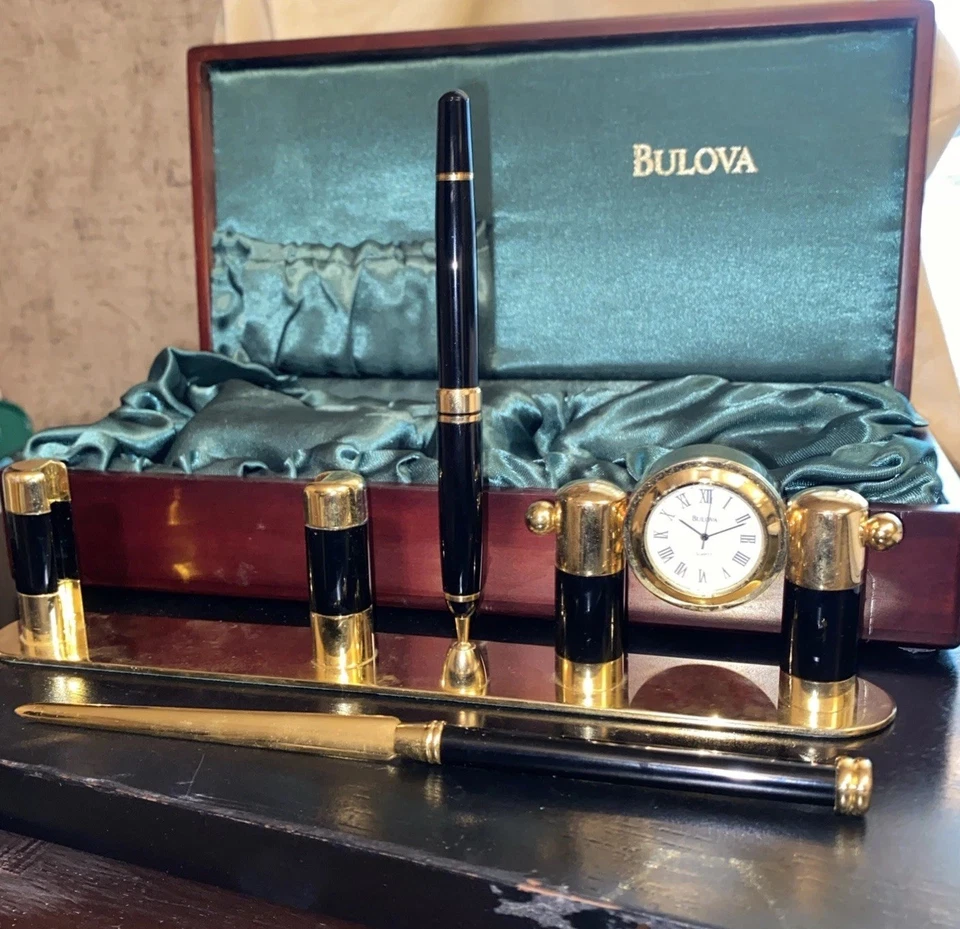 Bulova Desk Set with Clock, Pen & Letter Opener In Cherry Wooden Case Black/Gold - Image 1 of 4