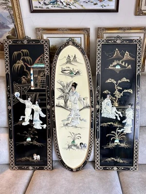 Vintage Set of 3 Wood & Mother of Pearl Wall Panels Japanese Geisha Lacquered - Image 1 of 4