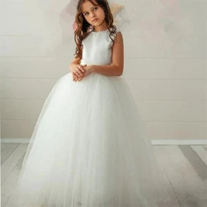 Size 4 White Formal Dress bow tulle pearl pageant wedding flower girl princess - Picture 1 of 17