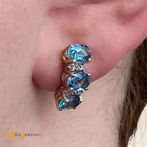 14K Two-Tone Gold 2.76 Blue Topaz 0.04cts Diamond Stud Dangle/Drop Earrings - Picture 1 of 9