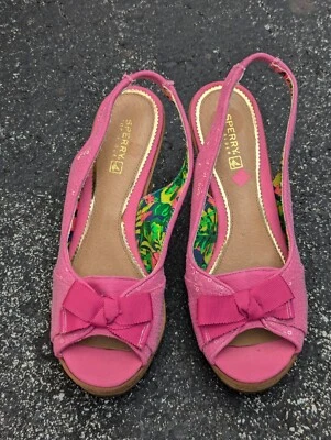 Sperry верхний сидр пробковый клин высокий каблук слинга 7 М ярко-розовый с блестками и бантом - Изображение 1 из 4