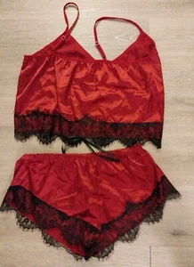 Red Lace Shorts & Top Sexy Wrap 2 Piece Set Lingerie Nighty Womens L SHEIN NEW - Picture 1 of 2