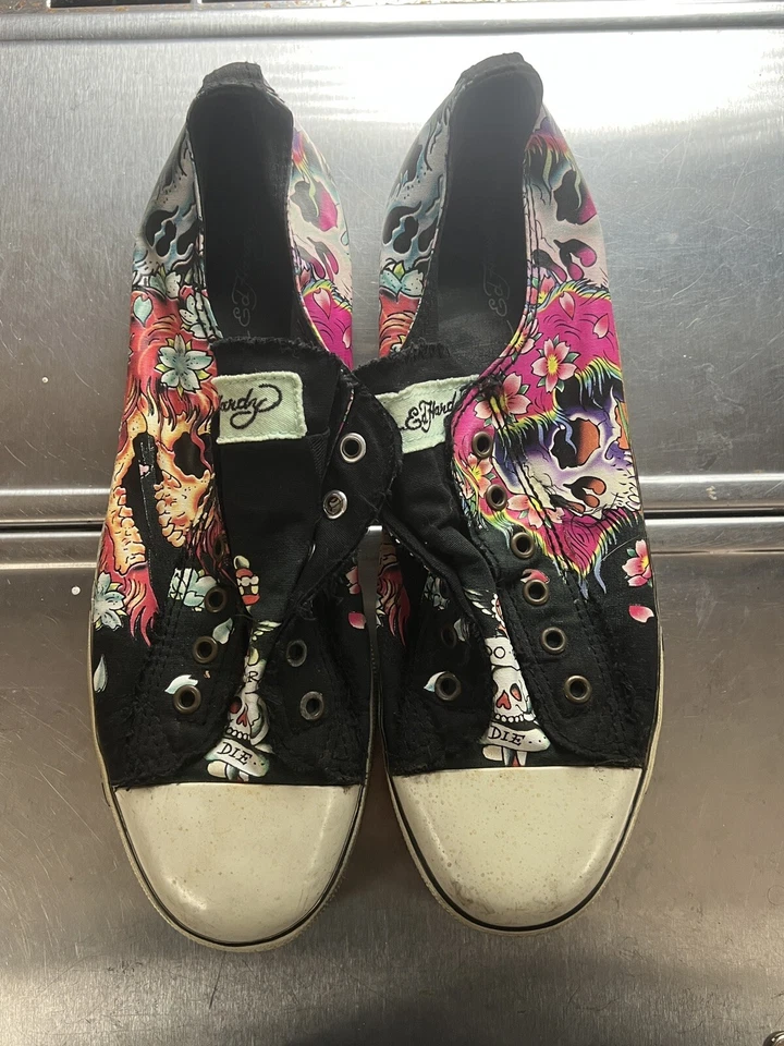 Y2K 复古 Ed Hardy 男式低帮时尚运动鞋 12 码黑色红色头骨一脚蹬 — 第 1/4 张图片