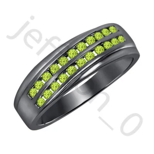 0.90 Ctw Created Peridot 14K Black Gold Over Two Rows Wedding Band Men's Ring - Picture 1 of 5