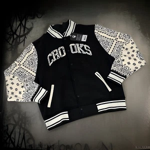 CROOKS & CASTLES (BLACK-CREAM) PAISLEY-BANDANA STYLE BUTTON UP BOMBER / VARSITY - Picture 1 of 5