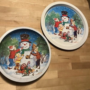 Vintage 2 Frosty The Snowman Christmas Holiday Serving Tin Trays Bowl Platter - Picture 1 of 12