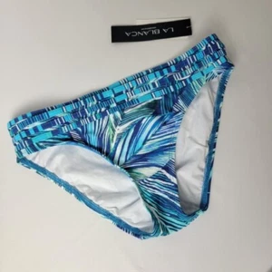 LA BLANCA Mid Rise Hipster Bikini Swimsuit Bottom BLUE White Tropical Print SZ 4 - Picture 1 of 7