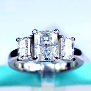 Radiant Moissanite 3 Stone Engagement Ring 925 Sterling Silver, 3Carat Total - Picture 1 of 5
