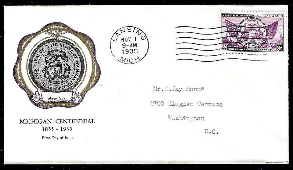 775 3c Stamp (1935) MICHIGAN CENTENARY FDC FROM RICE CACHETS - PLANTY 775 - 11 - Image 1 of 1
