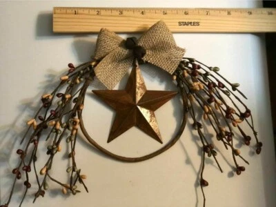 DLCC~5” pip berry ring w/ 3.5” rust star Brn/tan/Grn burlap bell bow FALL autumn - Image 1 of 3