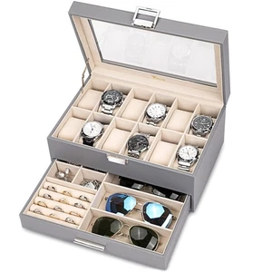 Scatola Portagioie Scatole Orologio Organizer per Uomo Donna, 2 Strati Grande 12 Slot PU Lea... - Foto 1 di 9