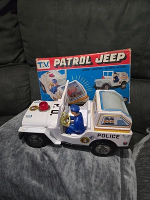 Modern Toys MASUDAYA Japan Tin TV PATROL JEEP Battery Vintage 1960s  WORKING - Image 1 of 4