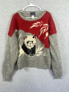 Vintage Woolrich Sweater Womens XL Gray Red Panda Knit 100% Wool Pullover 90s - Picture 1 of 9