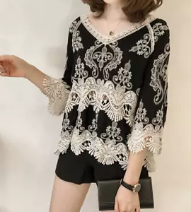 Women's 3/4 Long Sleeve Chiffon Tops Casual Shirt Knitted Floral Blouse Clothing - Picture 1 of 13