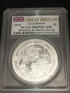 2024 2 Unzen 0,999 Feinsilber Britannia and Liberty PCGS PR69DCAM - Bild 1 von 2