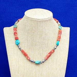 Halskette Türkis Edelstein Metall Charms Quadrat Block Perlen Modeschmuck 16 Zoll - Bild 1 von 6