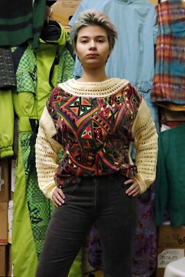 Samtpullover mit gehäkelten Ärmeln Handarbeit Hippy 70er TRUE VINTAGE 70s top - Bild 1 von 4