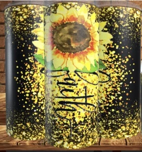 Faith Sunflower Black And Gold Skinny Tumbler 20oz Free Shipping - Picture 1 of 1